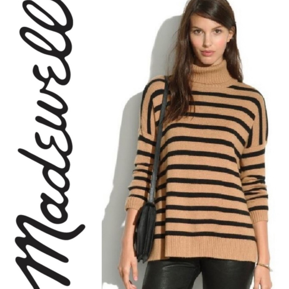 Madewell Tan and Black Striped Turtleneck Sweater